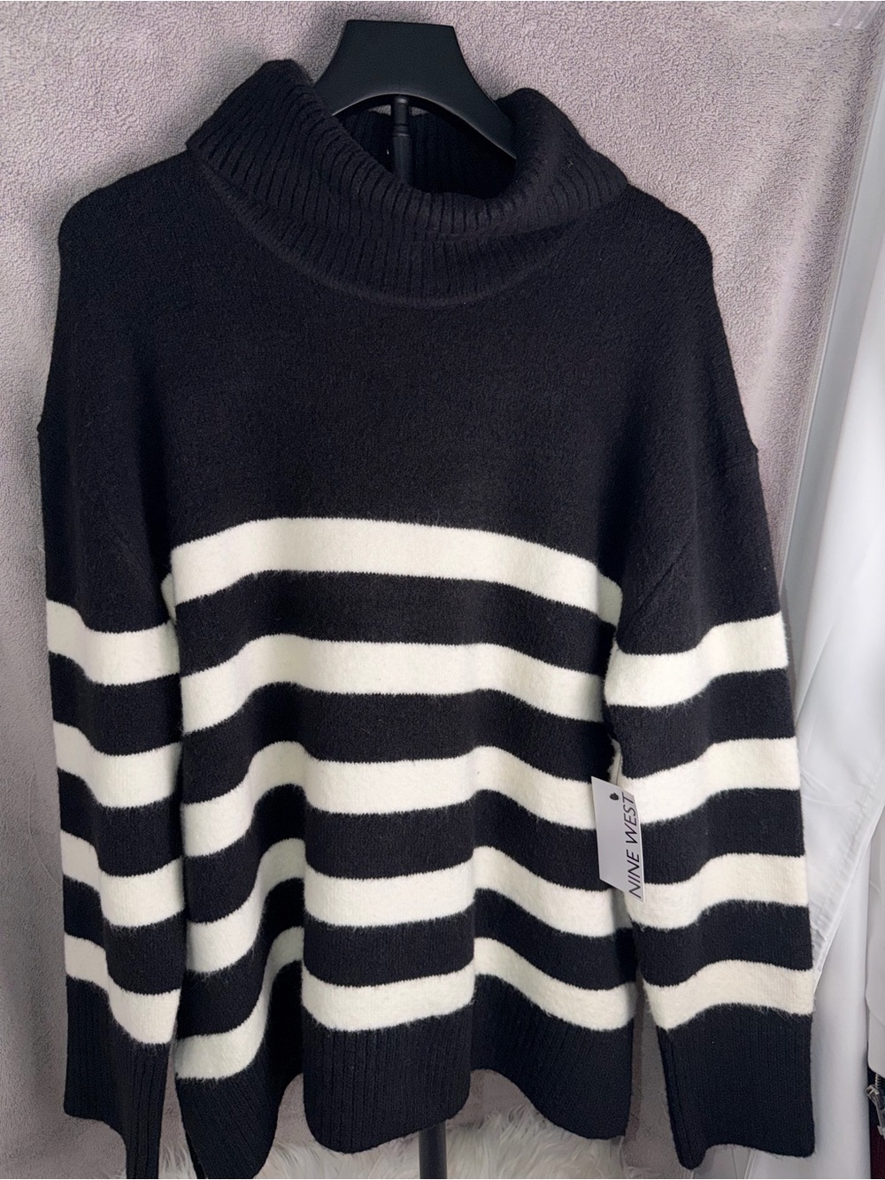 Nine West Black and White Striped Turtleneck Sweater XL